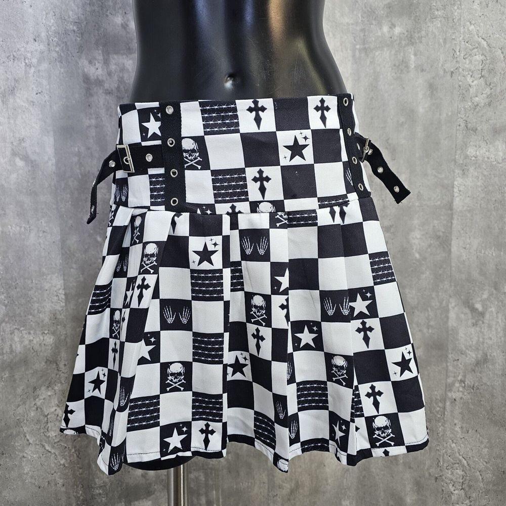 Romwe Size M Black White Checkered Skulls Punk Pleated Skirt Dark Academia Goth